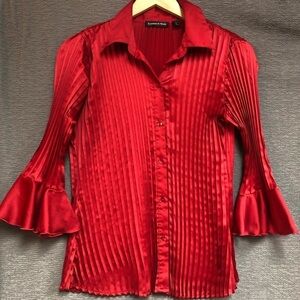 Essentials by Milano, small red satin, pleated blouse with bell sleeves